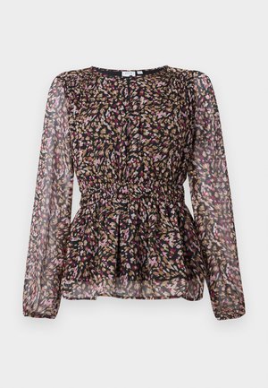 Black blouse with long sheer sleeves, featuring a colorful abstract print in pink, gold, and brown. Gathered waist and pleated design detail.