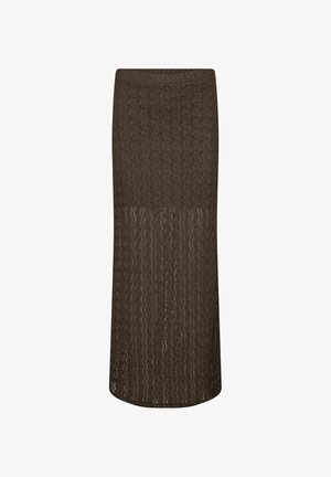 Pruun koonusse kootud seelik, millel on tekstuuriga muster, sobiv vöökoht ja sirge siluett, ulatudes keskmise säärteni.