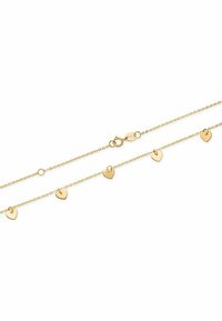 Gold chain bracelet featuring multiple small heart charms evenly spaced along the chain, with a lobster clasp closure.