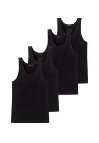 Set van vier zwarte geribde tanktops. Ze hebben een ronde hals, brede schouderbanden en een soepele textuur. Elke top heeft een uniform ontwerp.