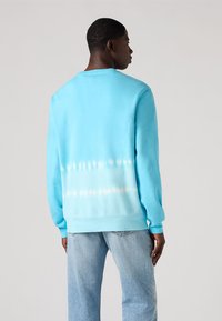 Blauwe tie-dye sweatshirt met een gradient effect, gemaakt van zachte stof, met een geribbelde kraag en manchetten, weergegeven van de achterkant.