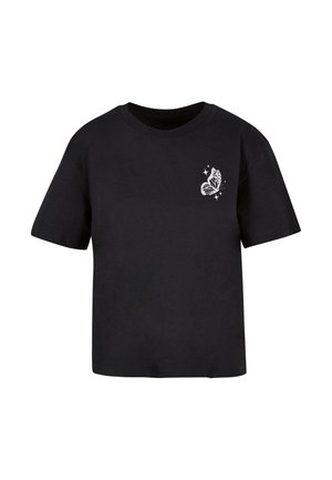 Black cotton t-shirt with short sleeves, a round neck, and a white butterfly design with sparkles on the left chest area.