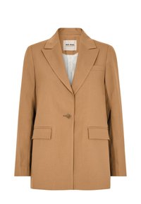 Hnědý blejzr vyrobený z texturovaného materiálu, s klopovým límcem, zapínáním na jeden knoflík a dvěma předními kapsami. Podšívka uvnitř.