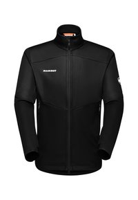 Zwarte softshell jas met een hoge kraag, voorrits, zijzakken en subtiele textuurpanelen. Bevat een logo op de borst.