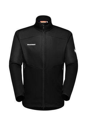 Black softshell jacket with a high collar, front zip closure, side pockets, and subtle textured paneling. Features logo on the chest.