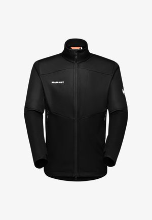 Sort softshell-jakke med høj krave, front lynlås, sidelommer og diskret struktureret panelering. Har logo på brystet.