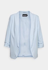 Light blue women's blazer with three-quarter sleeves, open front design, and inner lining, labeled "Pieces."