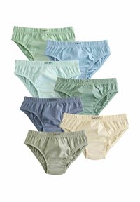 Set di sette paia di mutande di cotone in vari colori pastello: verde chiaro, blu chiaro, salvia, navy e crema. Elastico in vita e dettagli con logo.