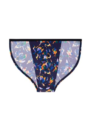 Donkerblauwe herenslips met een kleurrijk abstract bloemmotief en doorschijnende zijpanelen, zwarte tailleband, plat gelegd op een witte achtergrond.