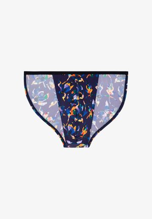 Donkerblauwe herenslips met een kleurrijk abstract bloemmotief en doorschijnende zijpanelen, zwarte tailleband, plat gelegd op een witte achtergrond.