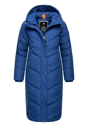Blue padded coat with a hood, featuring a zip closure and snap buttons, diagonal quilted pattern, and elastic cuffs. Orange accent inside hood.