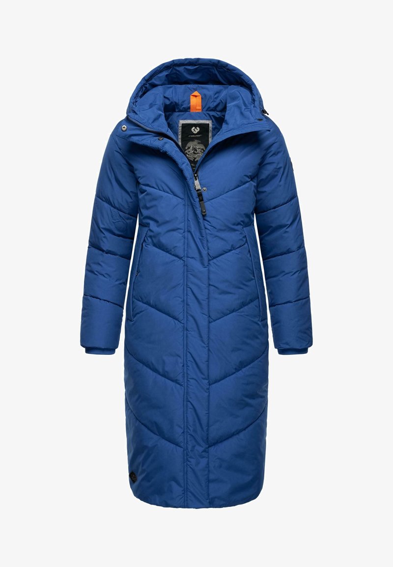 Zils pildīts mētelis ar kapuci, ar rāvējslēdzēja aizvēršanu un pogām, slīpu quilted rakstu un elastīgām piedurknēm. Oranža akcenta krāsa kapuces iekšpusē.