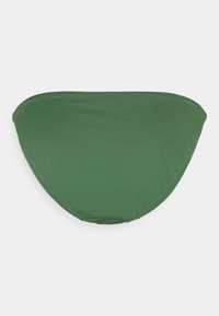 Parte de baixo de biquíni verde, feita de tecido suave, com um corte simples e curvado, com bordas limpas e sem padrões ou enfeites adicionais.