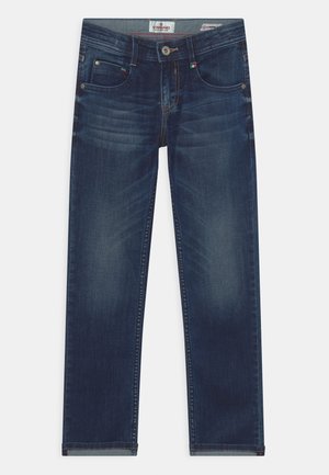 Dunkelblaue Jeans aus Denim mit geradem Schnitt, ausgestattet mit einem Knopfverschluss, fünf Taschen und minimalem Verblassen vorne und hinten.
