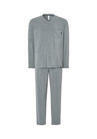 Conjunto de pijama gris que incluye una parte superior de manga larga con escote en V y un bolsillo en el pecho, junto con pantalones a juego, fabricado en una tela suave y ligera.