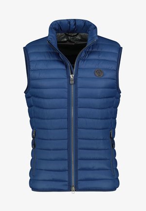 Blaue gesteppte ärmellose Herren-Weste mit hohem Kragen, Vorderreißverschluss, seitlichen Reißverschlusstaschen und rundem Logo-Patch auf der Brust.