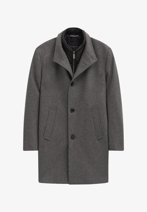 Grau wollener Mantel mit strukturiertem Kragen, vier Knöpfen und Seitentaschen. Die innere Schicht ist eine schwarze leichte, isolierte Fütterung.