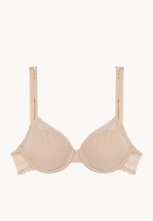 Beige bra with underwire, sheer mesh cups, and lace trim. Features adjustable straps and a smooth texture. Classic, versatile design.