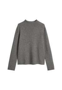 Grauer Pullover mit langen Ärmeln und rundem Halsausschnitt, hergestellt aus einem weichen, strukturierten Stoff. Einfaches Design, gerader Schnitt, keine sichtbaren Verzierungen.