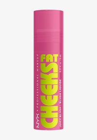 NYX Fat Cheeks Juicy Blush, contenitore cilindrico, rosa vivace con testo verde audace, materiale plastico, capacità di 8 ml, design elegante.
