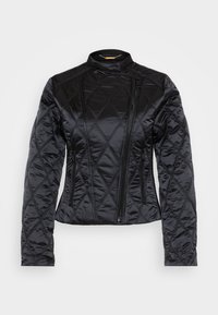 Black quilted jacket with a high collar, featuring a diagonal zipper and two side pockets. Made of smooth, shiny material with diamond patterns.