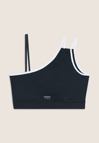 Cropped bralette nera con spalline sottili, caratterizzata da accenti bianchi e logo. Realizzata in un tessuto morbido con un taglio elegante e moderno.