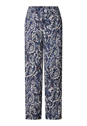 Navy patterned pants with an elastic waistband featuring a floral design in white and red accents; loose fit and straight leg cut.