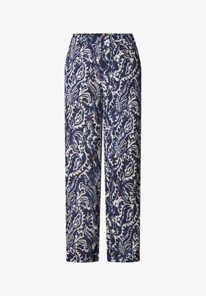 Kalhoty vzorované námořnickou modří s elastickým pasem, zdobené květinovým motivem v bílé a červené barvě; volný střih a rovné nohavice.