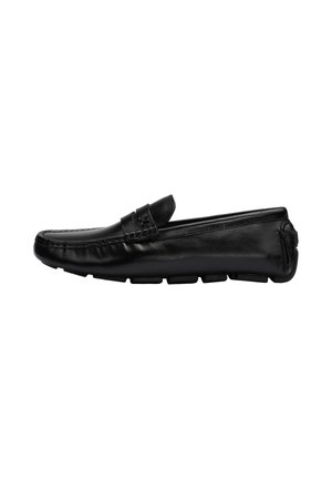 Black leather loafer with moccasin stitching, low heel, and segmented rubber sole for grip, shown in side profile facing left.