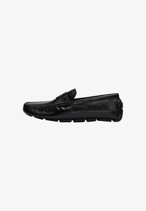 Black leather loafer with moccasin stitching, low heel, and segmented rubber sole for grip, shown in side profile facing left.