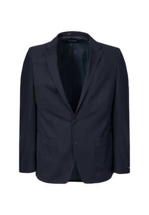Dunkelblauer Herrenblazer mit Kerbkragen, zwei Knöpfen, zwei aufgesetzten Fronttaschen und einem glatten Innenfutter.