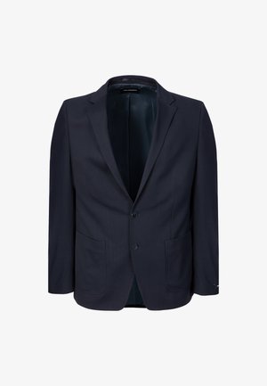 Dunkelblauer Herrenblazer mit Kerbkragen, zwei Knöpfen, zwei aufgesetzten Fronttaschen und einem glatten Innenfutter.