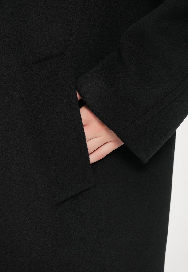 Svart ullkappa med rak skärning, med en dold ficka i sömmen och en slät, mjuk textur.