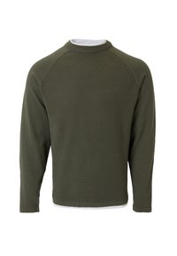 Olijfgroene langemouwen pullover trui met een gestructureerde afwerking, raglanmouwen en een ronde hals, over een witte shirt heen gedragen.