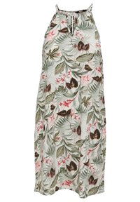 Květinové šaty s halter neck designem, s zelenými listy a růžovými květy na světlém pozadí a klíčovou dírkou na výstřihu.