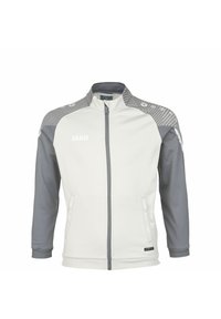 Witte sportjack met grijze mouwen en kraag. Voorzien van een volledige ritssluiting, twee zijzakken en geperste accenten op de schouders.