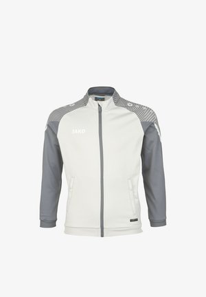 Giacca atletica bianca con maniche e colletto grigi. Presenta una chiusura lampo completa, due tasche laterali e dettagli testurizzati sulle spalle.