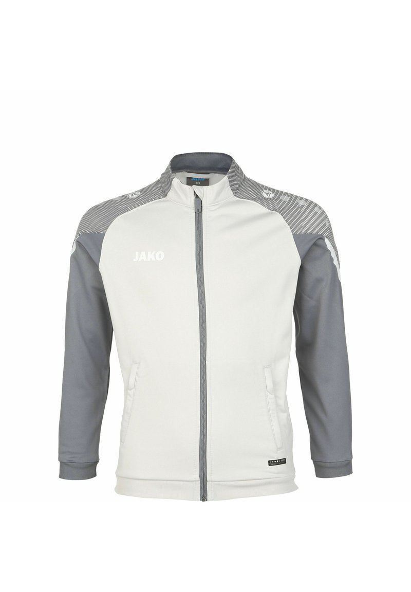 Witte sportjack met grijze mouwen en kraag. Voorzien van een volledige ritssluiting, twee zijzakken en geperste accenten op de schouders.