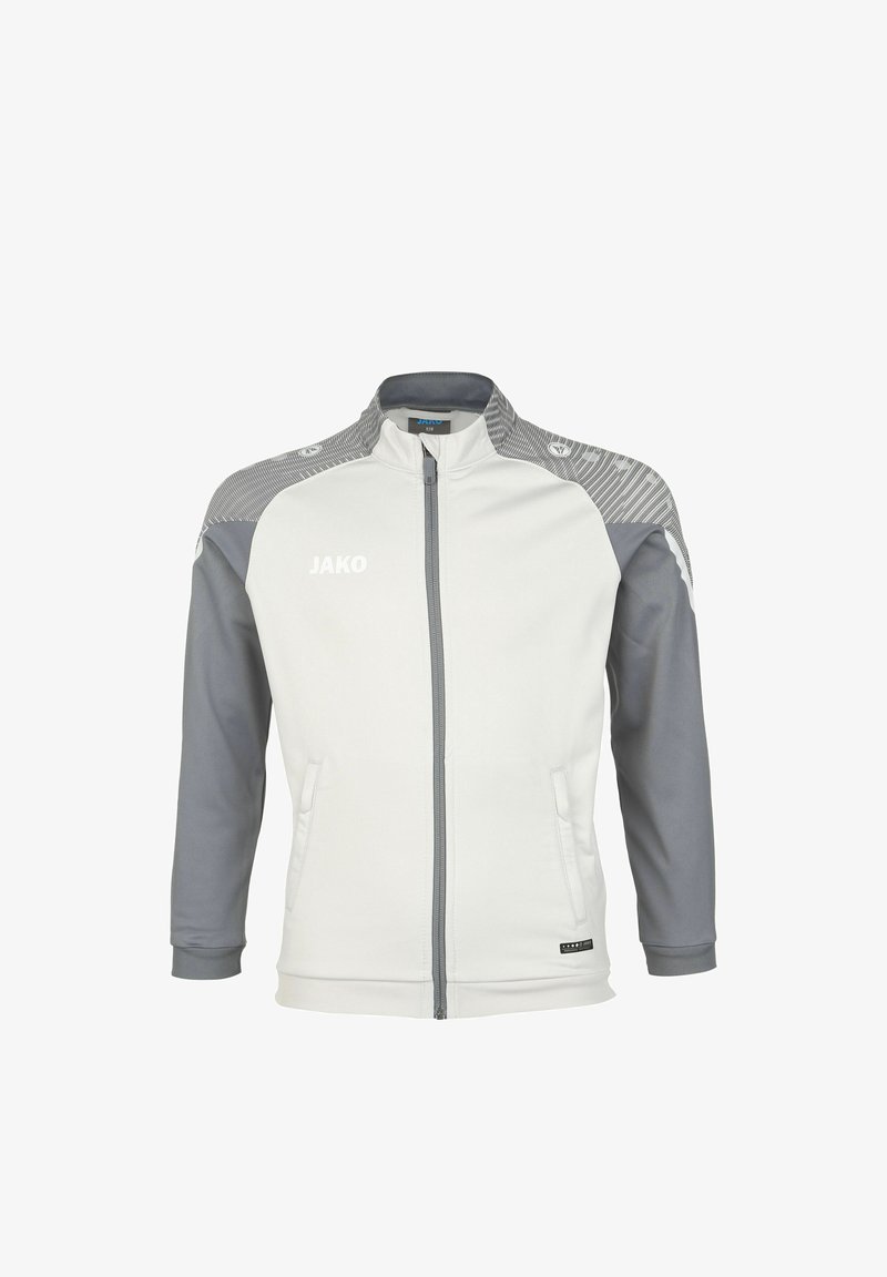 Weißer Sportjacke mit grauen Ärmeln und Kragen. Verfügt über einen durchgehenden Reißverschluss, zwei Seitentaschen und strukturierte Akzente an den Schultern.