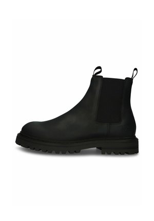 Bota Chelsea de cuero negro con paneles laterales elásticos, tiradores en la parte delantera y trasera, y suela gruesa y resistente.