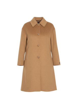 Wollen jas in kameelkleur met een klassieke kraag, vier knopen aan de voorkant, lange mouwen en zijzakken, midilange stijl.