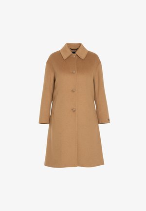 Camel-colored wool coat with a classic collar, four front buttons, long sleeves, and side pockets, mid-length style.