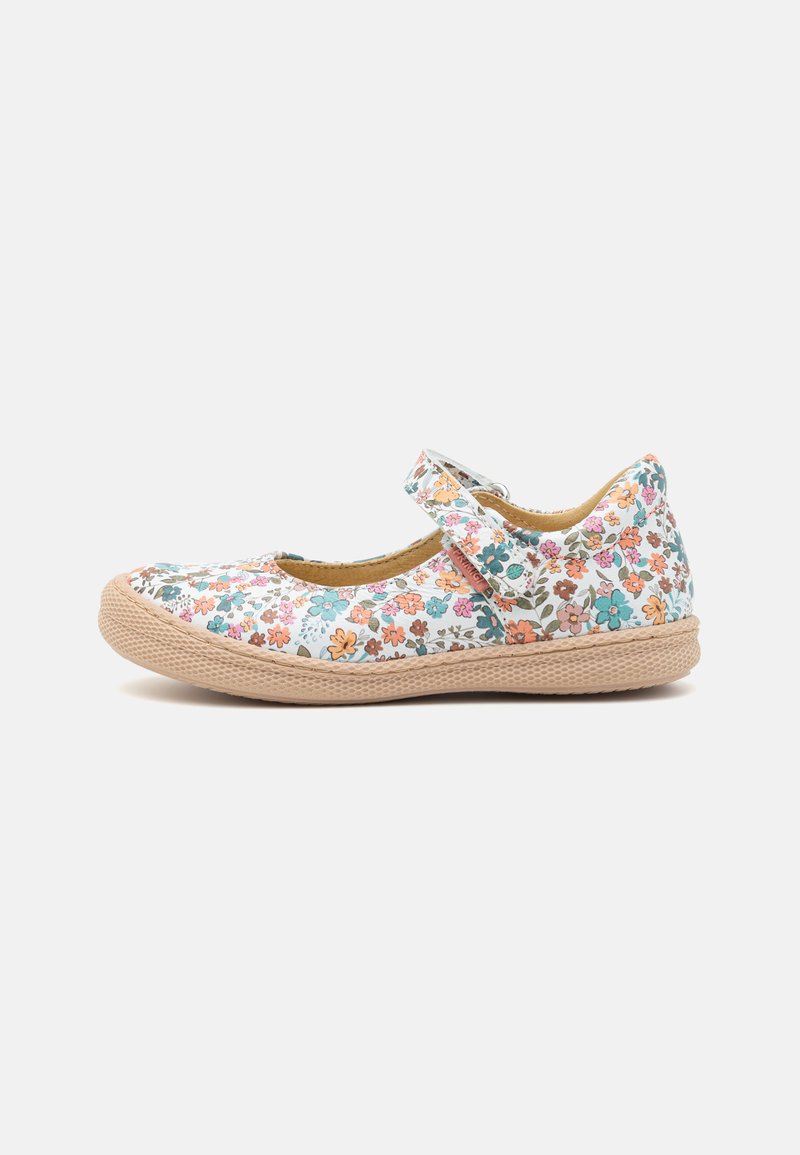 Sko med blomster-mønster, hvit lerretsoverdel, rosa og blå blomsterdesign, og en beige teksturert gummisåle. Har en borrelås.