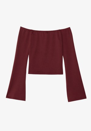 Top cropped εκτός ώμου σε σκούρο μπορντό με μακριά, φαρδιά μανίκια και ίσια λαιμόκοψη.