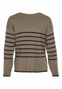 Maglione marrone chiaro con strisce orizzontali nere, texture a coste, scollatura ampia e maniche lunghe. Tessuto a maglia a macchina con fessure laterali.