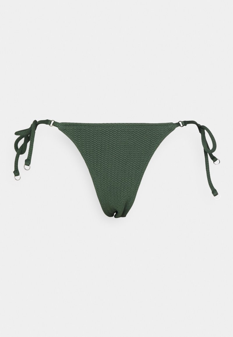 Dark green bikini bottom with a textured zigzag pattern, side ties, and metal accents. Designed for a low-rise fit.