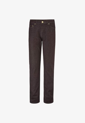 Dunkelbraune Jeans mit geradem Bein, Vordertaschen, Gürtelschlaufen und Knopfverschluss vor weißem Hintergrund.