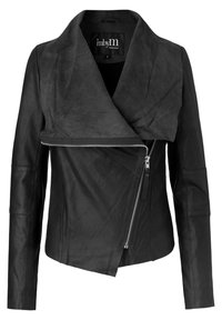 Svart läderjacka med asymmetrisk framdragkedja och stor vikt krage, märkt "mbyM Outerwear," storlek S.