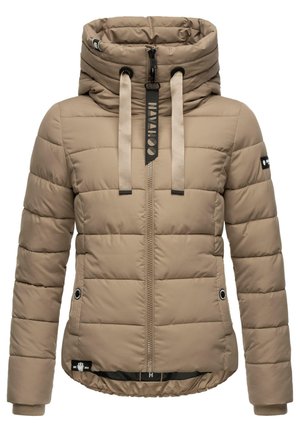 Doudoune beige, avec un col montant, des coutures verticales et des cordons de serrage réglables. Comprend des poches latérales et des accents noirs.