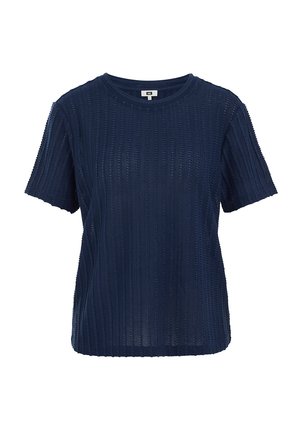 Haut tricoté texturé bleu marine à manches courtes, col rond et motif côtelé vertical.